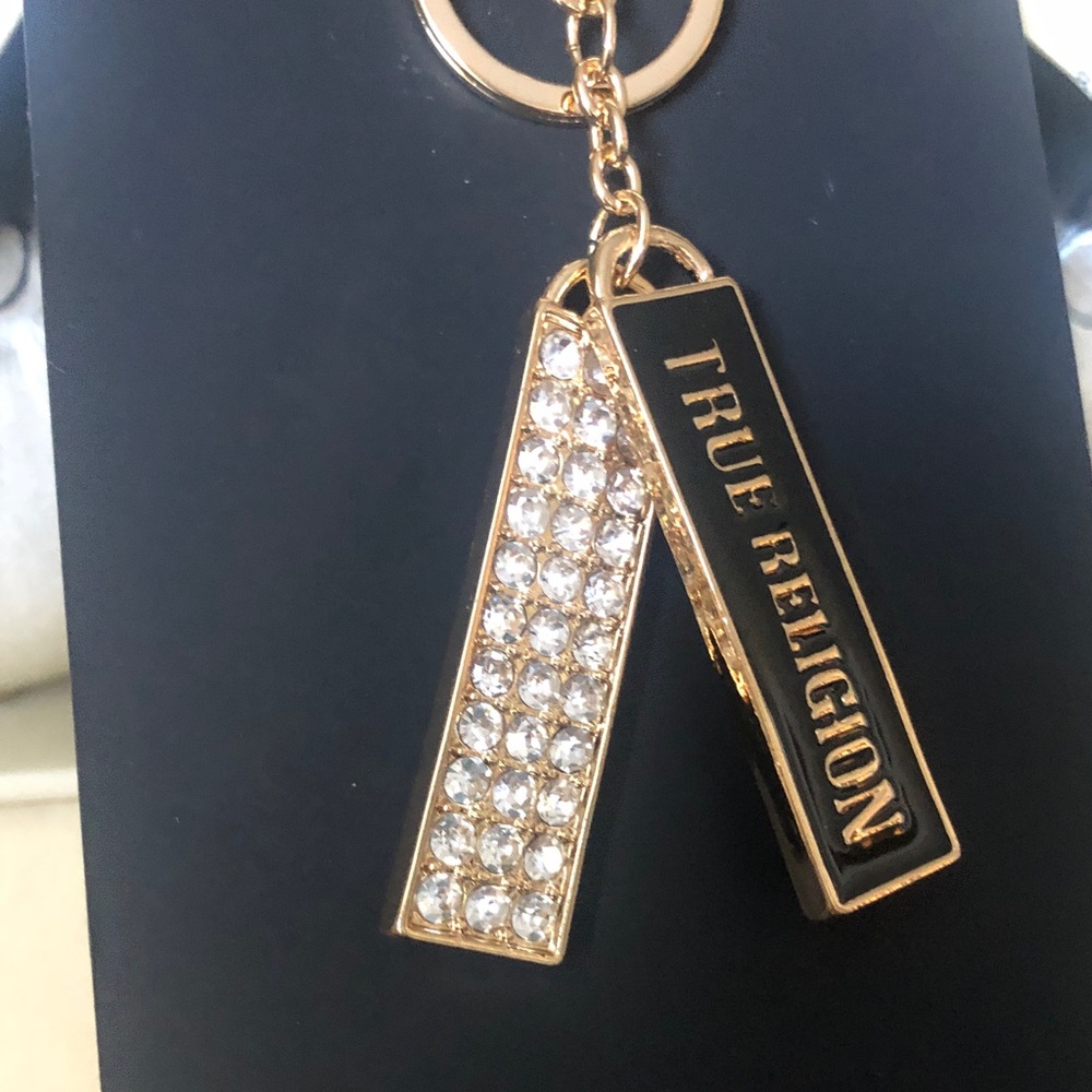 NEW True Religion Black & Gold Crystal Bar Handbag Charm & Keyring